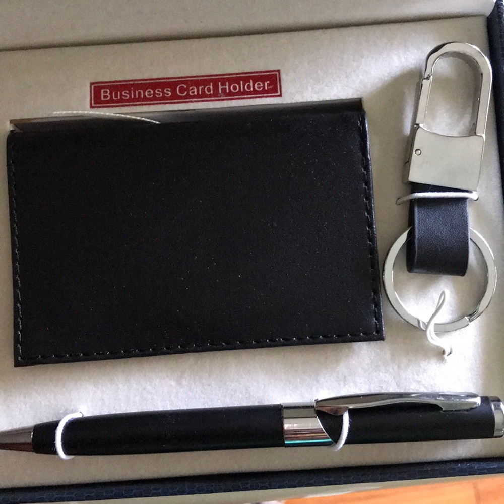 Business Card, keychain, pen.